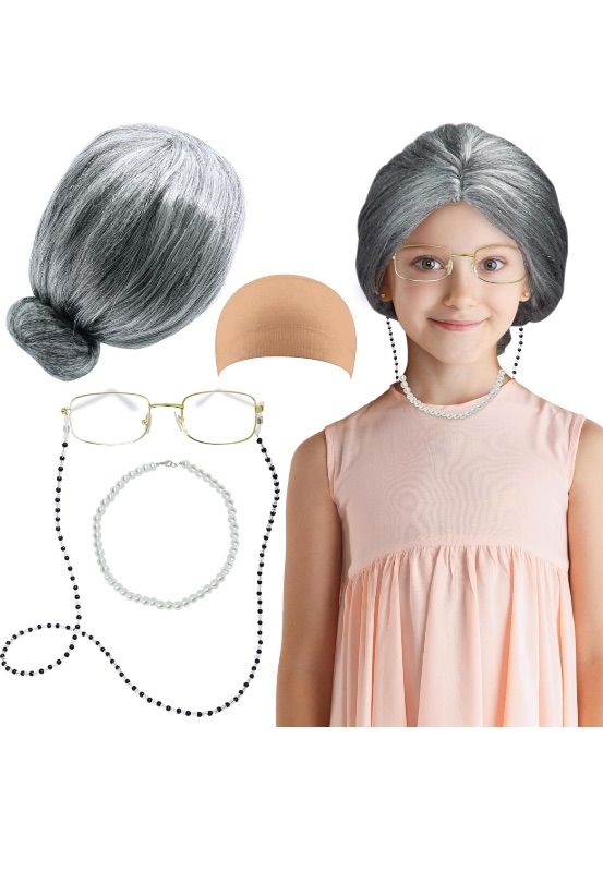 Photo 1 of 4E's Novelty Old Lady Costume for Kids - for 100 Day of School Grandma Costume for Girls, Accessory for Toddlers 3-10