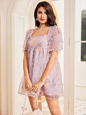 Photo 1 of Omens  Sleeve Square Neck Puffy Dress Babydoll Mesh Mini Dress, medium, pink and purple