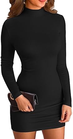 Photo 1 of  Women Mock Neck Ribbed Bodycon Dress Long Sleeve Mini Pencil Dresses, medium