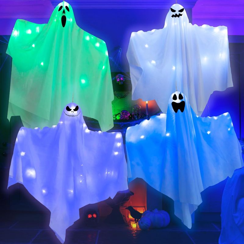 Photo 1 of 4pcs Halloween Hanging Ghosts Decorations - 30" Flying Ghost Glow in The Dark, with Blue White Purple Green Spooky LED Lights for Porch Garden Yard Halloween Decorations Indoor Outdoor body LED ghost decoration