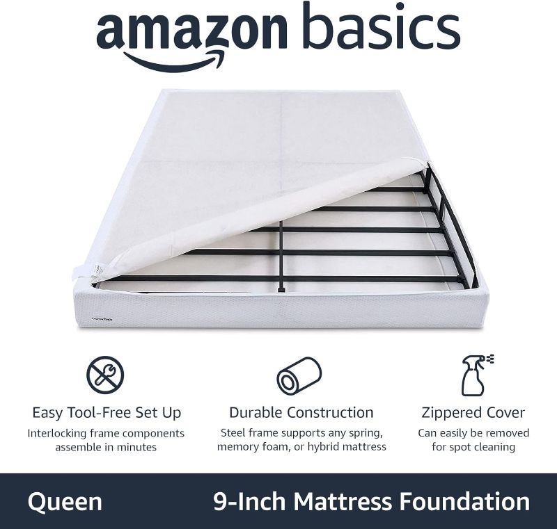 Photo 1 of Amazon Basics Smart Box Spring Bed Base, 9 Inch Mattress Foundation, Tool-Free Easy Assembly, Queen, White