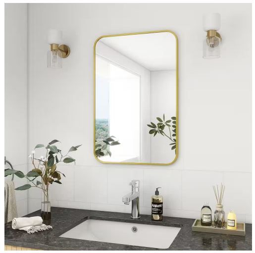 Photo 1 of 26 in. W x 38 in. H Rectangular Aluminum Alloy Framed Rounded Gold Wall Mirror
