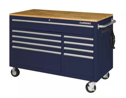 Photo 1 of 52 in. W x 25 in. D Standard Duty 9-Drawer Mobile Workbench Cabinet with Solid Wood Top in Gloss Blue
