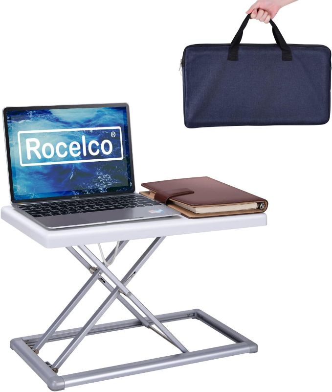 Photo 1 of Rocelco 19" Portable Laptop Riser, Height Adjustable Travel Standing Desk Converter, Premium Compact Sit Standup Keyboard Monitor Rising Workstation with Carry Bag, White R PDRW
