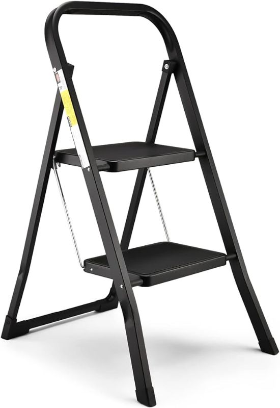 Photo 1 of 2 Step Ladder, Lightweight Folding Step Stools for Adults with Anti-Slip Pedal, Portable Sturdy Steel Ladder with Handrails, Perfect for Kitchen & Household, 330 lbs Capacity, Black