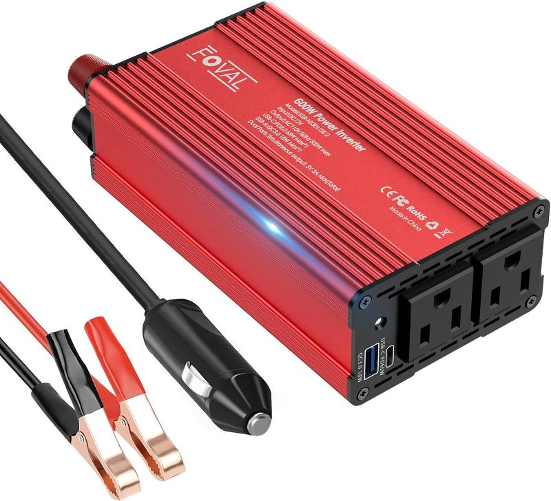 Photo 1 of FOVAL 600W Power Inverter 12V DC to 110V AC Car Plug Adapter Outlet Converter with [65W PD USB-C] & [18W QC USB-A] Fast Charging Ports and 2 AC Outlets Car Power Inverters for Vehicles