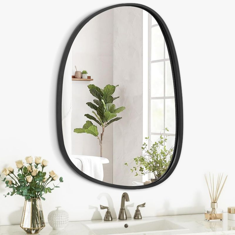 Photo 1 of Irregular Mirror for Wall Asymmetrical Hanging Mirror Wood Frame Mirror Small Modern Unique Decorative Bedroom Living Room Bathroom Entryway Vanity Aesthetic Oval Mirror Black