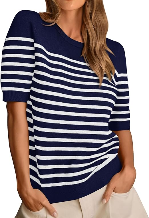 Photo 1 of (M) Amkoyam Women's 2024 Short Sleeve Crew Neck T Shirts Casual Striped Ribbed Knit Pullover Sweater Tops Size Medium