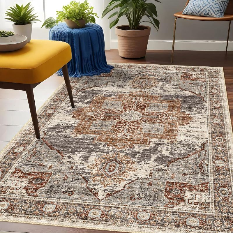 Photo 1 of Washable 3x5 Area Rugs - Vintage Area Rug for Living Room Stain Resistant Carpet Low Pile Ultra-Thin Rugs for Bedroom Kitchen entryway with Non Slip Backing Home Decor Small Mat 3X5 Brick