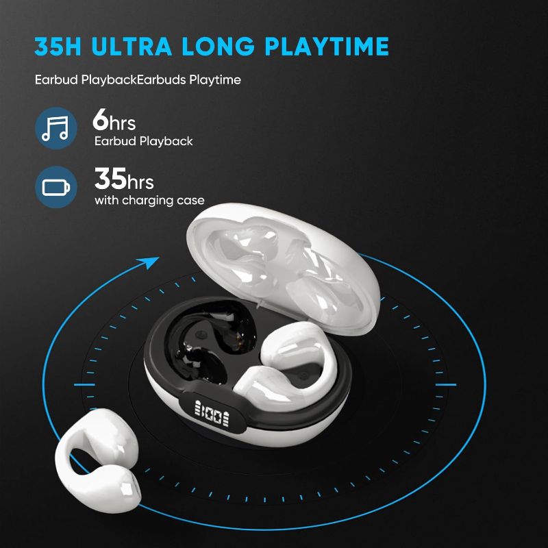 Photo 2 of Open Ear Headphones, Air-Conduction Wireless Earbuds Bluetooth V5.3 Headphones with Charging Case Sweat Resistant, 35Hrs Playback Ear Clip Ear Buds for Sport, Driving (White)