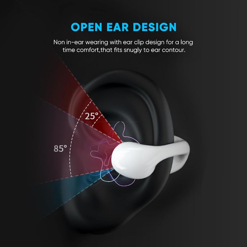 Photo 3 of Open Ear Headphones, Air-Conduction Wireless Earbuds Bluetooth V5.3 Headphones with Charging Case Sweat Resistant, 35Hrs Playback Ear Clip Ear Buds for Sport, Driving (White)