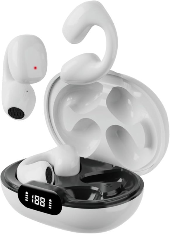 Photo 1 of Open Ear Headphones, Air-Conduction Wireless Earbuds Bluetooth V5.3 Headphones with Charging Case Sweat Resistant, 35Hrs Playback Ear Clip Ear Buds for Sport, Driving (White)