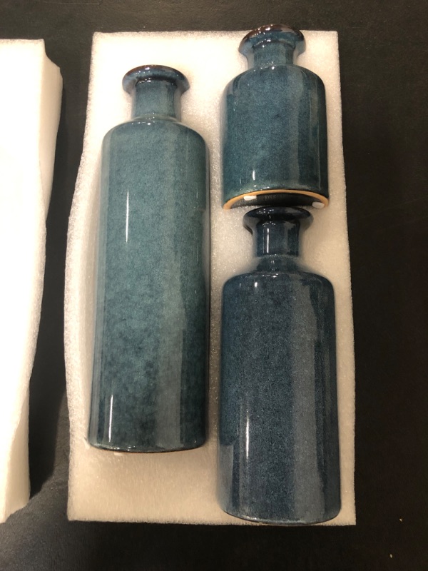Photo 2 of Blue Ceramic Vases Set - 3 Waterproof Blue Small Vase, Farmhouse Country Blue Vases Home Decor, Living Room Decoration, Table Decoration, Fireplace Decor, and Entrance Decoration Centerpieces
