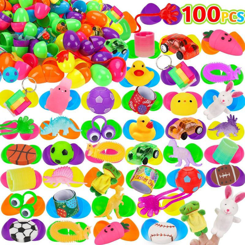 Photo 1 of 100PCS Prefilled Easter Eggs with Toys Inside Easter Basket Stuffers Fillers for Kids Toddler Boys Girls Plastic Easter Eggs Hunt Filled Small Bulk Toy Fidget Sensory Pinata Game Party Favors Supplies