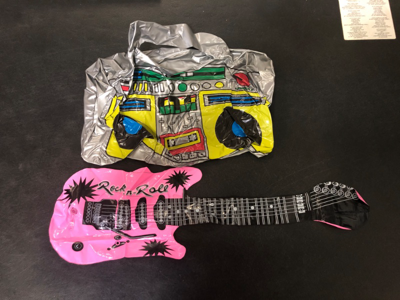 Photo 3 of 2 piece lot - Fun Costumes Inflatable 80s Boombox Standard / STAMER Inflatable Guitar Rock Star Guitar Set,Large Inflatable Blow Up Air Guitar Kids Toy Fancy Dress Party,Adults Children’s Birthday Party and Wedding Decorations (Pink)
