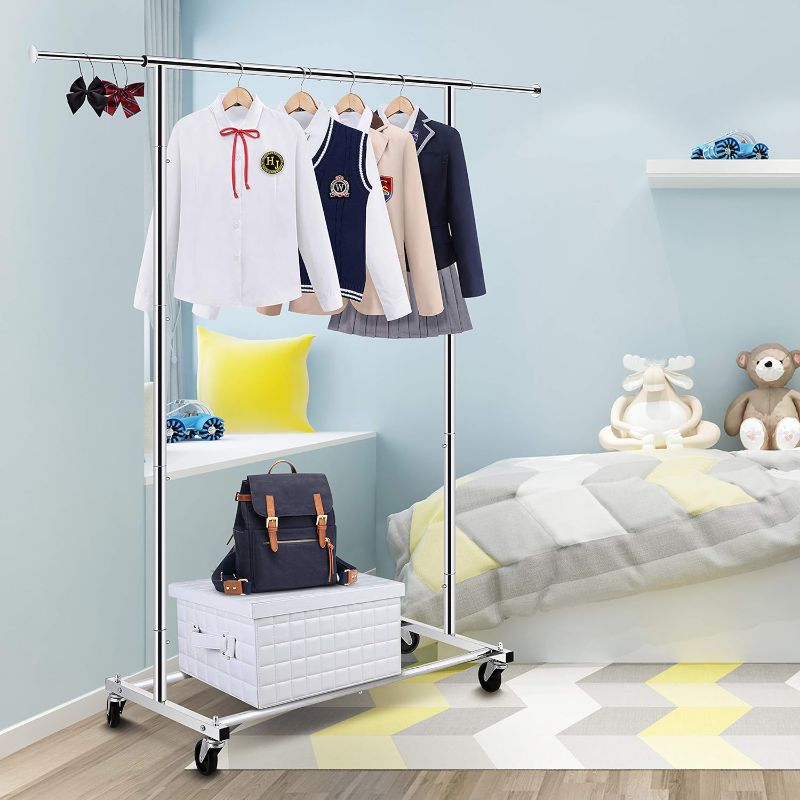 Photo 2 of Simple Trending Standard Rod Clothing Garment Rack, Rolling Clothes Organizer on Wheels for Hanging Clothes, Chrome