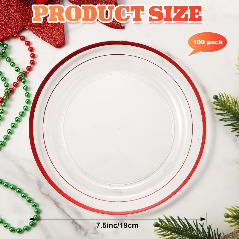 Photo 1 of Disposable Plates Clear Plastic Round Plates with Rim Hard Duty Plates Plastic 7.5 Inch Dessert Plates Party Plates Bulk for Wedding Birthday Graduation Party (Red Rim)