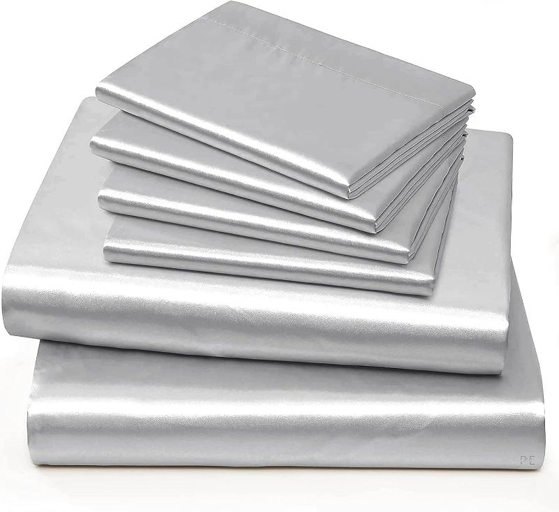 Photo 1 of Rich Silk 6 Piece Satin Sheet Set Queen Size (60x80)+ Upto 12 Inch Deep Pocket Silver Grey Color Smooth Soft and Silk Satin Bed Sheets Queen Size Bedding Set
