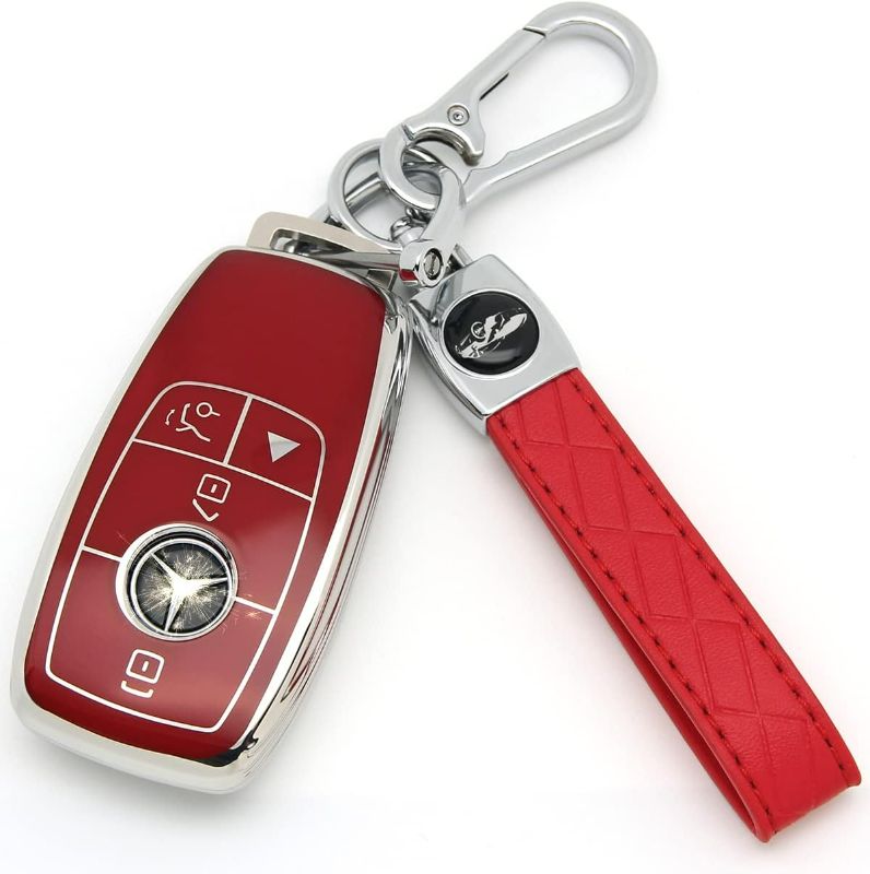 Photo 1 of Suitable For Mercedes Benz keys.Advanced soft TPU key Cover is compatible with C E R S G S CLS CLK GLC ML GLE GLS SL SLR McLaren AMG Smart Remote Key (Type B red Key Case + key chain set)