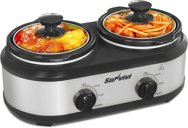 Photo 1 of Sunvivi Dual Slow Cooker, Buffet Server and Food Warmer, Small Mini Pot with 3 Adjustable Temp & 2 Visible Glass Lids, for Parties, Holidays and Entertaining, Stainless Steel, Total 2.5 QT
