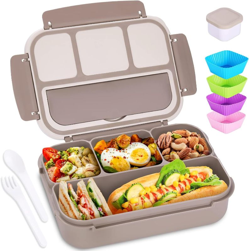 Photo 1 of Bento Box Adult Lunch Box, Containers for Adults Men Women with 4 Compartments, Lunchable Food Container with Utensils, Sauce Jar, Muffin Liners, 40 Oz/5 Cup, Microwave & Dishwasher Safe, Brown