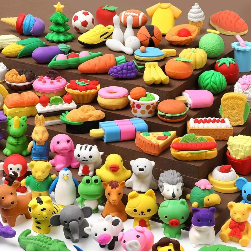 Photo 1 of 100 Pack Animal Pencil Erasers 3D Desk Pet for Kids Mini Puzzle Take Apart Eraser Student Classroom Prizes Rewards Easter Egg Fillers Treasure Box Back to School Supplies Kid Party Favors Gift