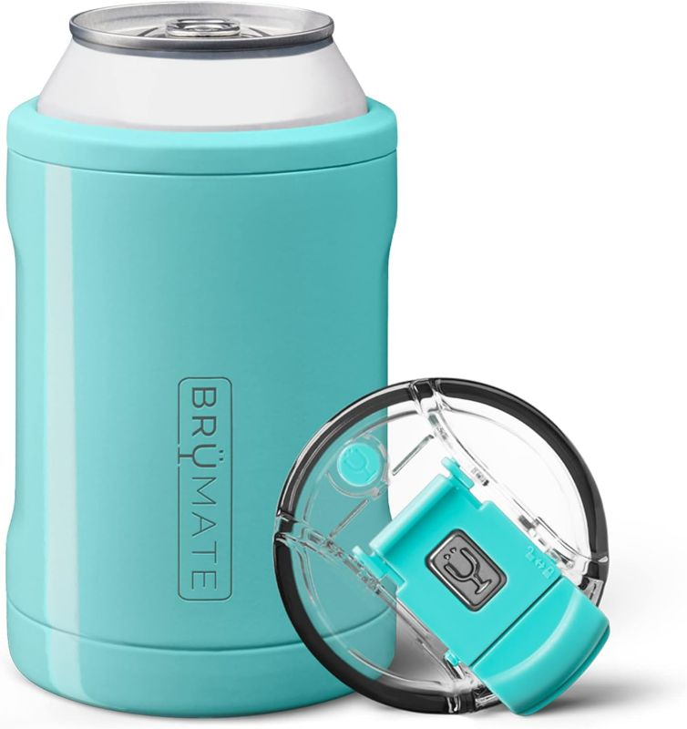 Photo 1 of BrüMate Hopsulator Duo 2-in-1 Can Cooler Insulated for 12oz Cans + 100% Leak Proof Tumbler with Lid | Can Insulated for Hard Seltzer, Beer, Soda and Energy Drinks (Aqua)