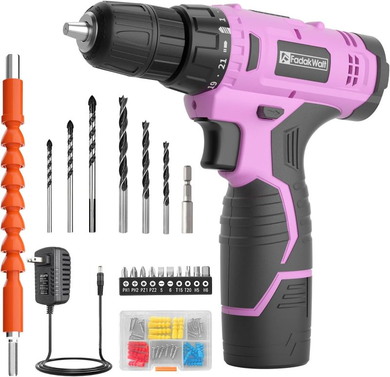 Photo 1 of Cordless Drill Set, 12V Power Drill Set with Battery and Charger, 3/8'' Keyless Chuck, 21+1 Torque Setting, 180 inch-lbs, Pink Electric Drill for Women's Garden DIY Projects?Pink)
