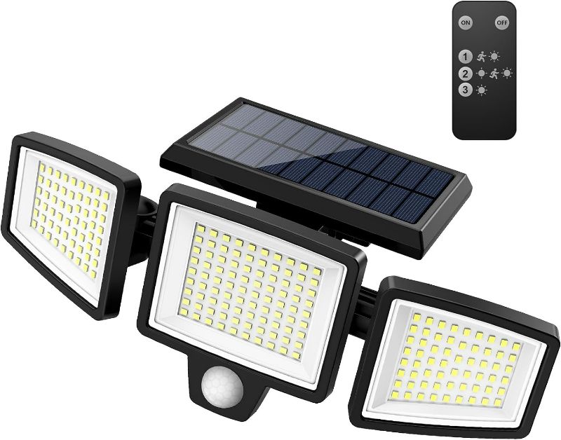 Photo 1 of Tuffenough Solar Outdoor Lights 2500LM 210 LED Security Lights with Remote Control,3 Heads Motion Sensor Lights, IP65 Waterproof,270° Wide Angle Flood Wall Lights with 3 Modes(2 Packs)