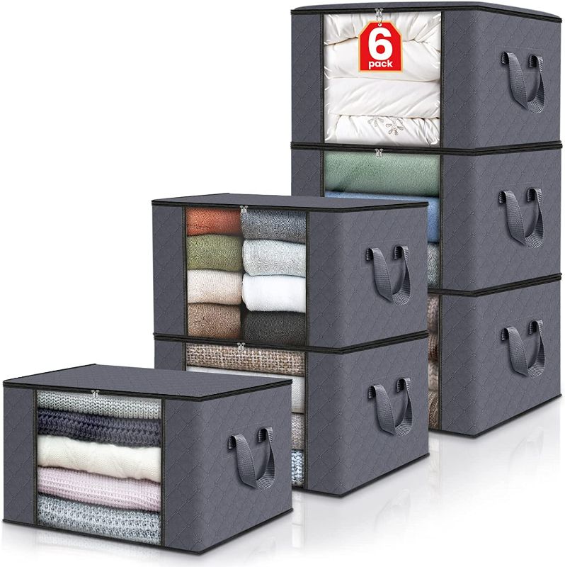 Photo 1 of Fab totes 6 Pack Clothes Storage, Foldable Blanket Storage Bags, Storage Containers for Organizing Bedroom, Closet, Clothing, Comforter, Organization and Storage with Lids and Handle, Grey