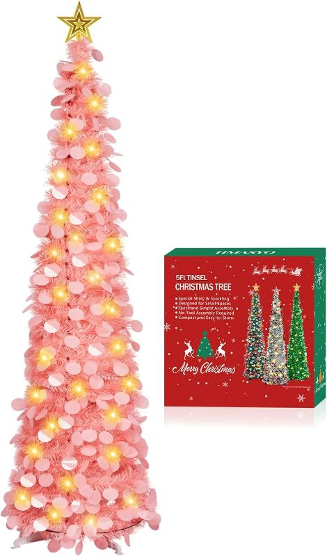 Photo 1 of HMASYO 5 FT Pop Up Christmas Tree with Timer Lights, Pink Tinsel Christmas Tree, Collapsible Artificial Pencil Christmas Tree for Indoor Home Apartment Porch Holiday Party Decorations