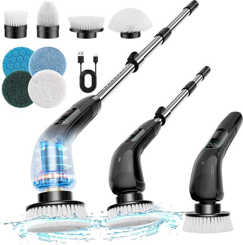 Photo 1 of Electric Spin Scrubber, New Cordless Shower Scrubber with 8 Replaceable Brush Heads and Adjustable Extension Handle, Power Cleaning Brush for Bathroom, Kitchen, Car, Tile, Wall, Floor-Black