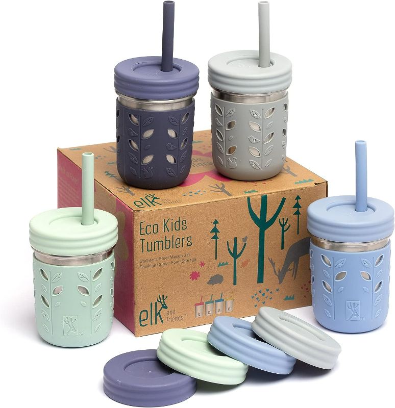Photo 1 of Elk and Friends Stainless Steel Cups | Mason Jar 10oz | Kids & Toddler Cups with Silicone Sleeves & Straws with Stopper | Spill proof Smoothie Cups