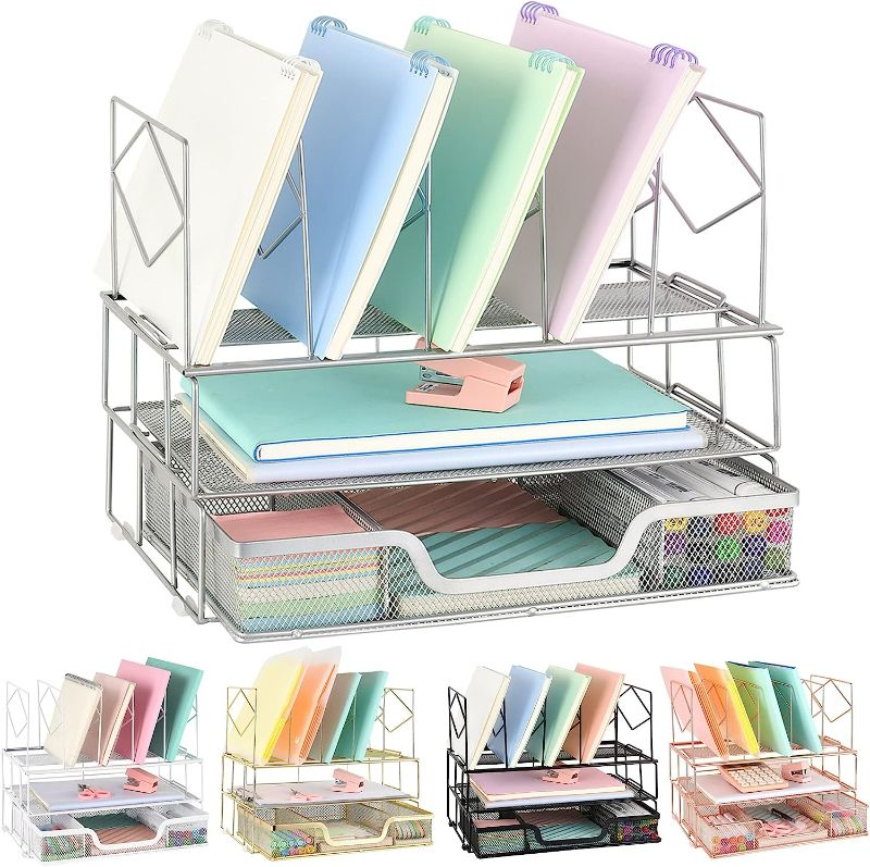 Photo 1 of Desk Organizers and Storage - Double Tray and 5 Upright Sections, Desk Accessories Office Supplies File Organizer, Book Display & Storage for School or Office, Silver