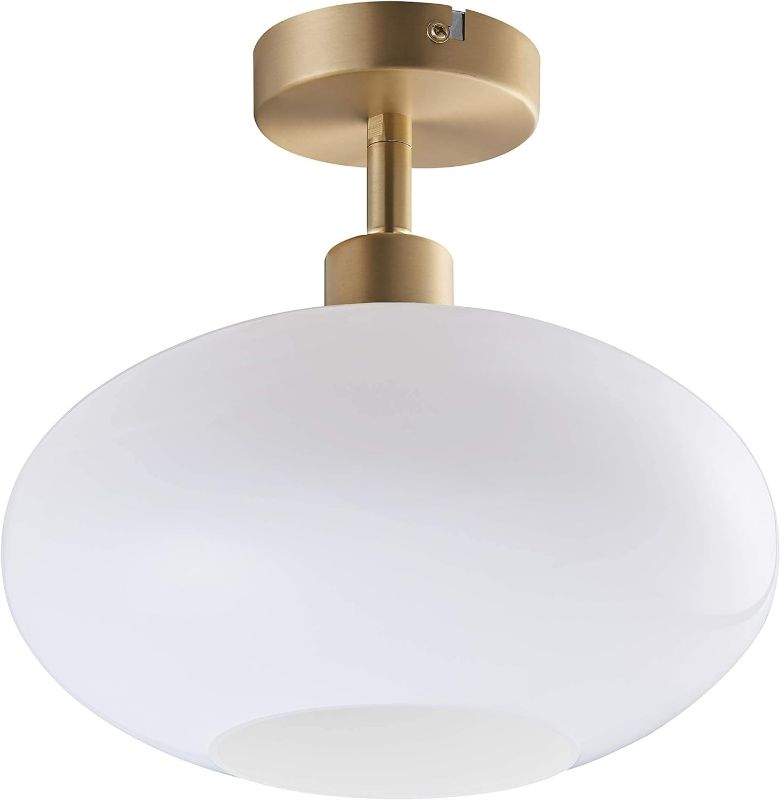Photo 1 of NW Archiology Semi Flush Mount, Modern Ceiling Light with Opaline Glass Shade&Brass Metal Base Layer, Light Fixture for Dining Room, Bedroom, Cafe, Bar, Hallway, Passway