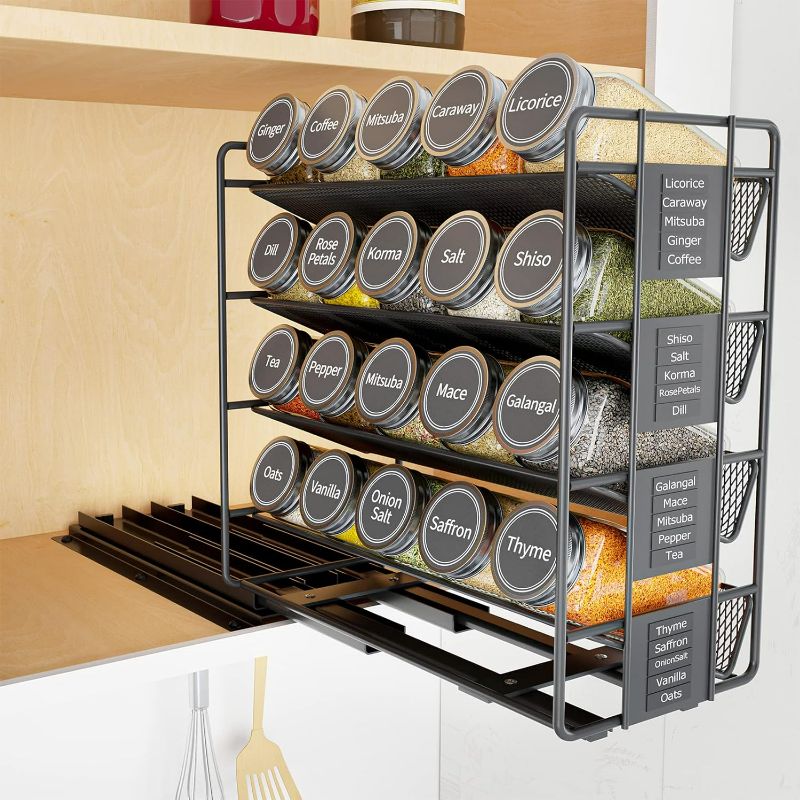 Photo 1 of SpaceAid Pull Out Spice Rack Organizer with 20 Jars, Heavy Duty Slide Out Seasoning Organizer for Kitchen Cabinets, with 801 Labels and Chalk Marker, Left Facing
