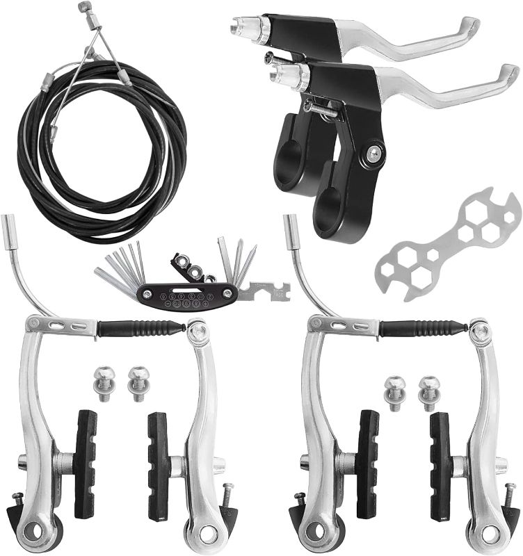 Photo 1 of Complete Bike Brakes Set, Universal Bike Front and Rear MTB Brake, Inner and Outer Callipers Cables Lever Kit with Multi-Tool Wrenches Silver