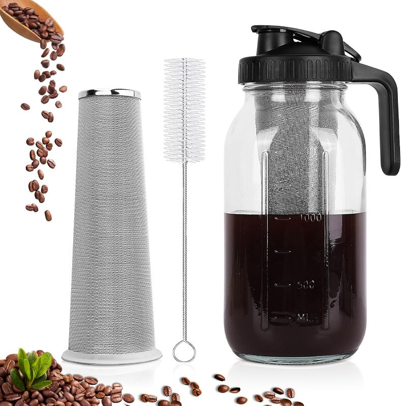 Photo 1 of Cold Brew Coffee Maker, 64 oz Wide Mouth Mason Jar Pitcher with Stainless Steel Filter, Pour Spout Handle Lid, Heavy Duty Glass Airtight & Leak-Proof Pitcher for iced coffee & Tea Lemonade