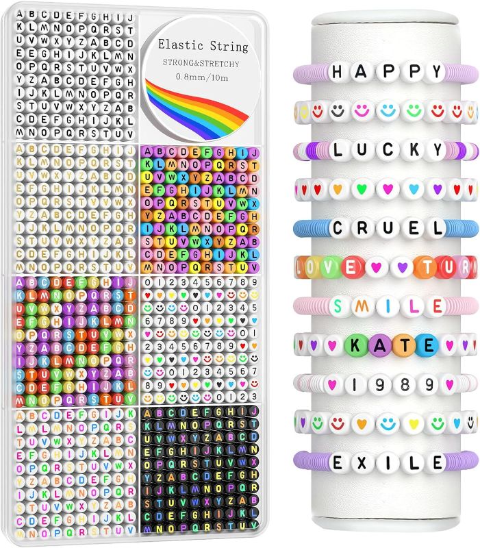 Photo 1 of Redtwo 1600 Pcs Letter Beads Kit, 6 Styles of Colorful Alphabet Beads, Number Beads Smiley Face Beads Heart Beads and a Roll of Elastic String for DIY Jewelry and Bracelet Making