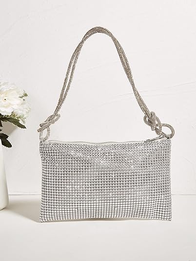 Photo 1 of OYOANGLE Women's Rhinestone Sparkly Clutch Purse Hobo Tote Handbags Shiny Silver Party Wedding Clutch Bags Silver One-Size