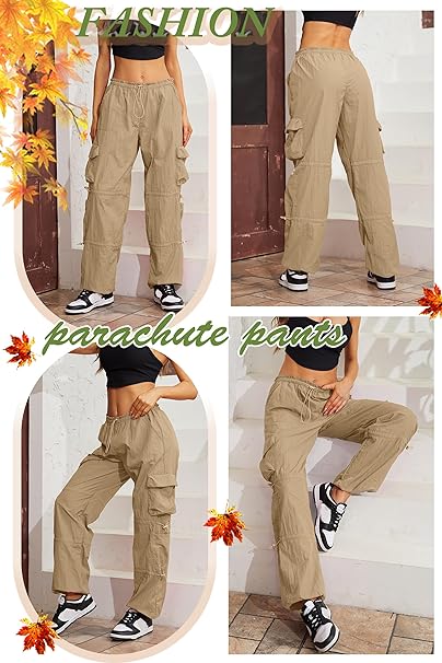 Photo 1 of Size L - QYANGG Baggy Parachute Pants for Women& Girls Drawstring Elastic Low Waist Ruched Cargo Pants Multiple Pockets Jogger Y2K