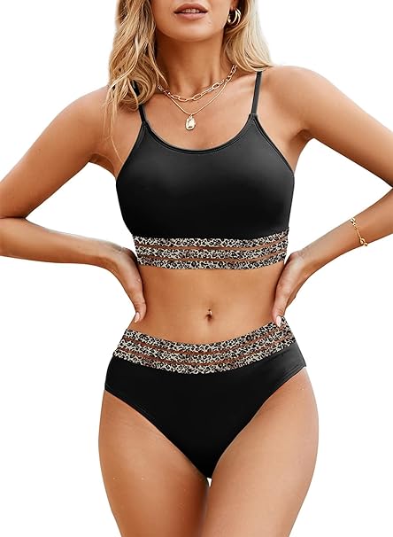 Photo 1 of Size M - Herseas Women's Bikini Sets Contrast Leopard Mesh Trim 2 Piece Swimsuit Scoop Neck Adjustable Spaghetti Straps Bathing Suit