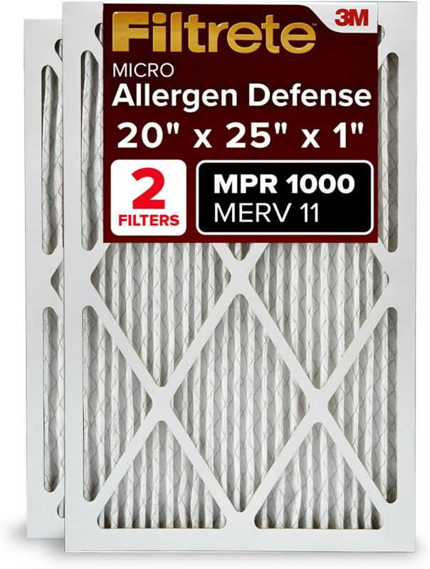 Photo 1 of 
Roll over image to zoom in







6 VIDEOS
Filtrete 20x25x1 AC Furnace Air Filter, MERV 11, MPR 1000, Micro Allergen Defense, 3-Month Pleated 1-Inch Electrostatic Air Cleaning Filter, 2 Pack (Actual Size 19.688 x 24.688 x 0.84 in)