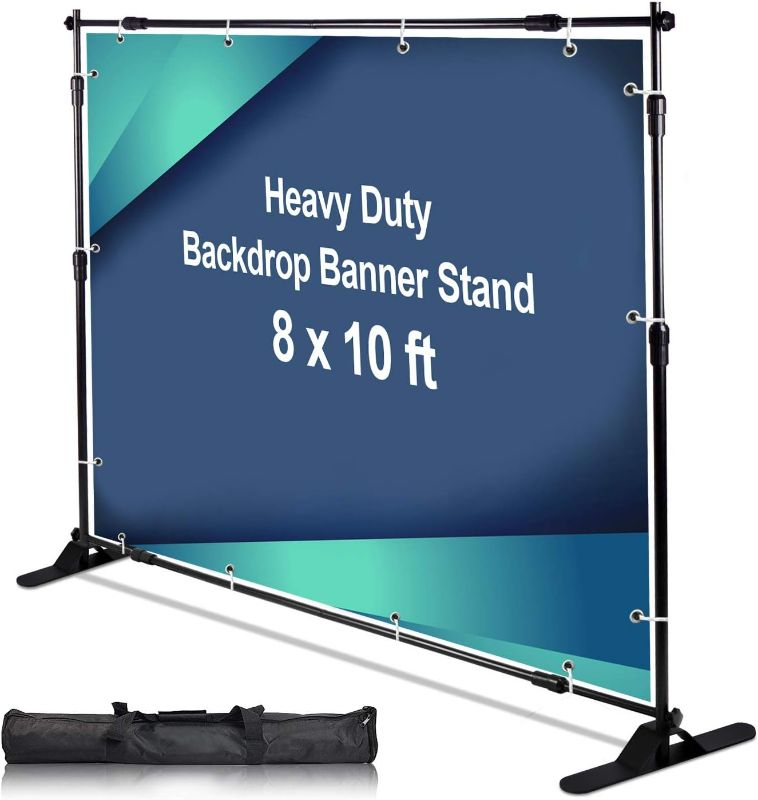 Photo 1 of AkTop 10 x 8 ft Heavy Duty Backdrop Banner Stand Kit, Adjustable Photography Step and Repeat Stand for Parties, Portable Trade Show Photo Booth Background with