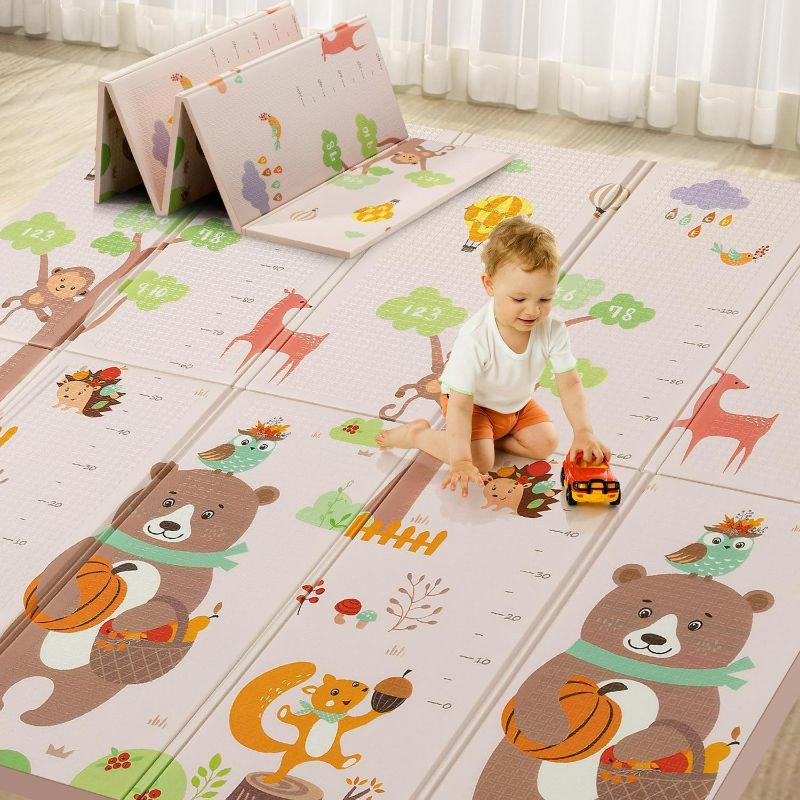 Photo 1 of GZZ Foldable Baby Play Mat,Reversible, Waterproof, Anti-Slip Floor Playing Mats for Infants, Babies, Toddlers Indoor/Outdoor (Cute Bear Tall Foot+Animal Music Festival, 79