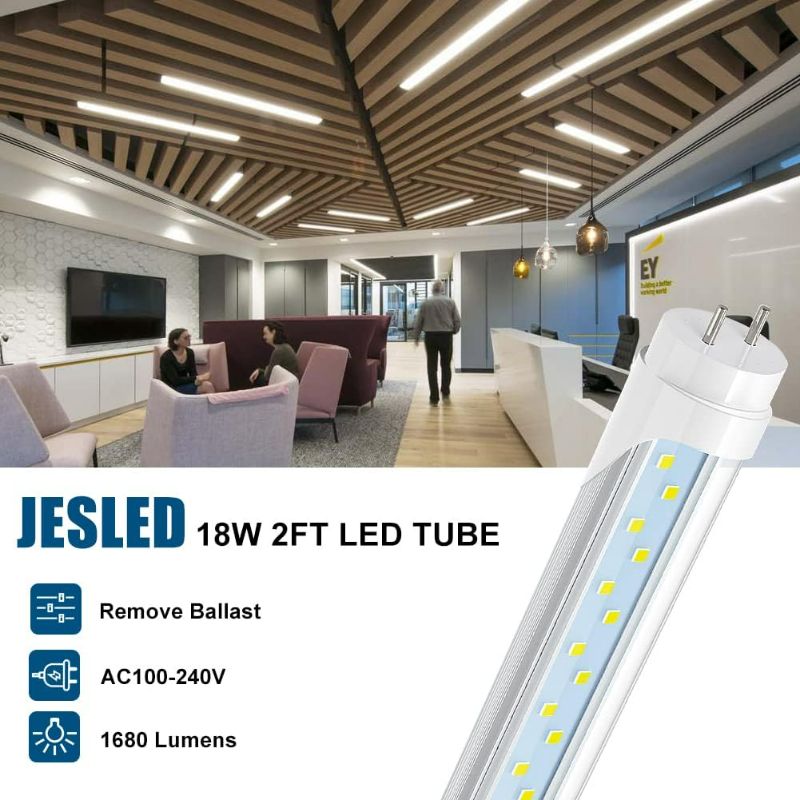 Photo 1 of 
JESLED 2FT T8 LED Type B Tube Light, 12W(30W Equivalent), 1680LM, 6000K Super Bright, 24 Inch F20T12 Fluorescent Bulb Replacement, Dual Ended Power, Remove...