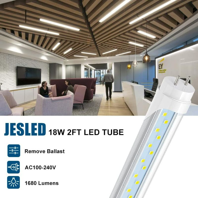 Photo 1 of JESLED 2FT T8 LED Type B Tube Light, 12W(30W Equivalent), 1680LM, 6000K Super Bright, 24 Inch F20T12 Fluorescent Bulb Replacement, Dual Ended Power, Remove...