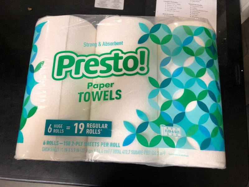 Photo 2 of Amazon Brand - Presto! Flex-a-Size Paper Towels, 158 Sheet Huge roll, 6 Rolls, Equivalent to 19 Regular Rolls, White