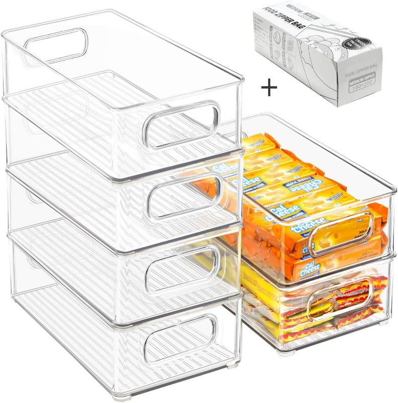 Photo 1 of Stackable Refrigerator Organizer Bins, 6 Pack Clear Kitchen Organizer Container Bins with Handles and 20 PCS Plastic Bags for Pantry, Cabinets, Shelves, Drawer, Freezer - Food Safe, BPA Free 10"L