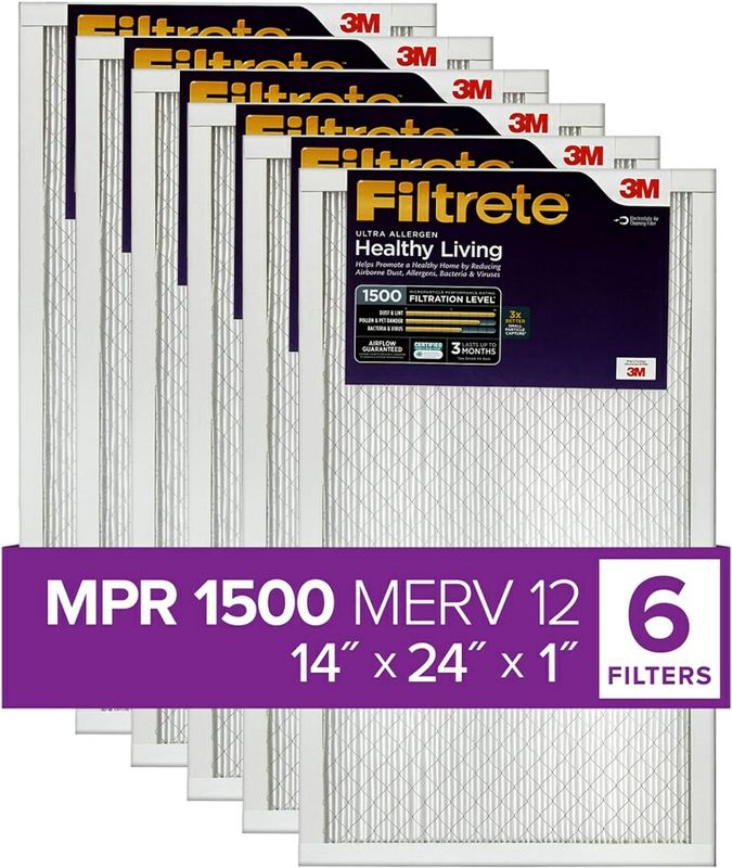 Photo 1 of Filtrete 14x24x1 AC Furnace Air Filter, MERV 12, MPR 1500, CERTIFIED asthma & allergy friendly, 3 Month Pleated 1-Inch Electrostatic Air Cleaning Filter, 6-Pack